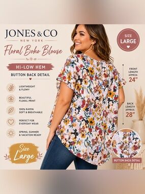 Jones & Co Floral Boho Peplum Blouse Large White Multicolor Button Back Top